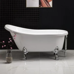 59-Inch Slipper Bathtub with Clawfoot Design, Brass Chrome Drain and Overflow